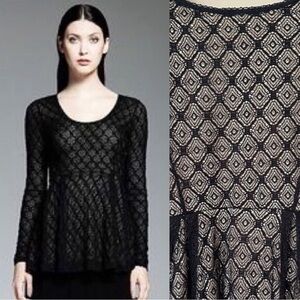 Catherine Malandrino XL Whimsigoth Black Lace Peplum Top Feminine Long Sleeve
